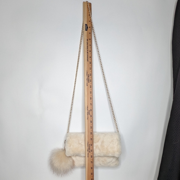 Faux Fur Crossbody Bag With Pom Detachable Gold Crossbody Chain Off White - Picture 9 of 13